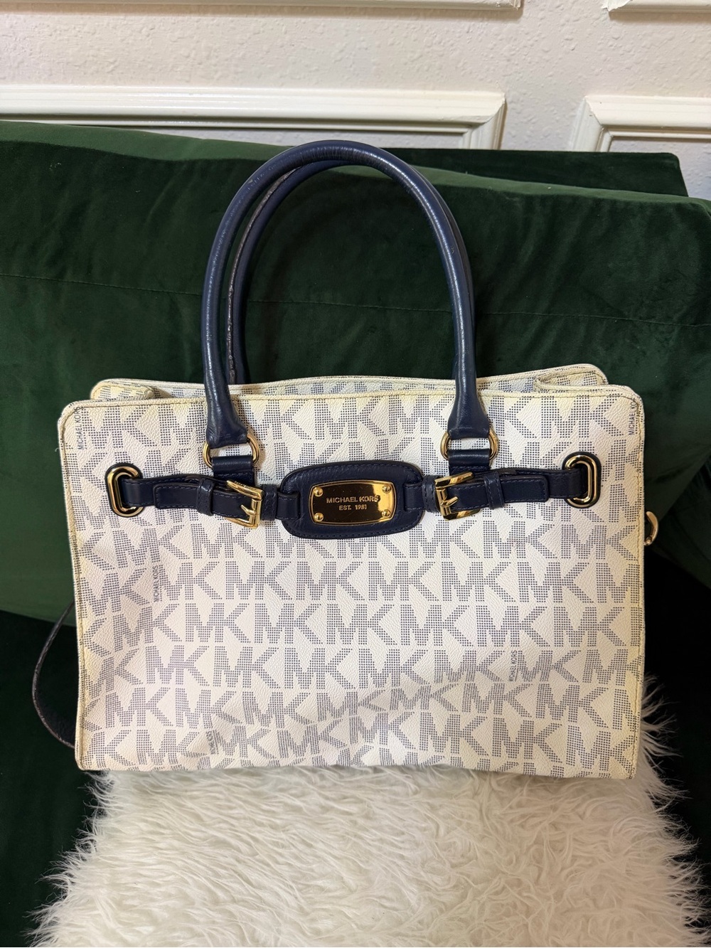 Michael Kors White & Navy Monogram Leather-Trim Satchel